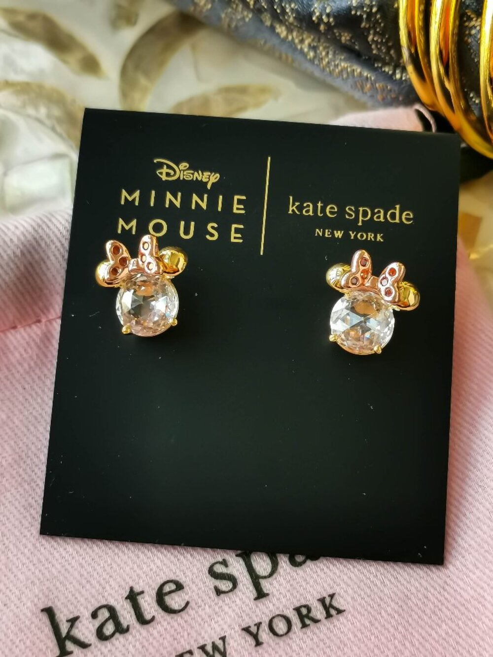 Kate Spade Disney Minnie Mouse Gold Clear Stud Earrings NEW